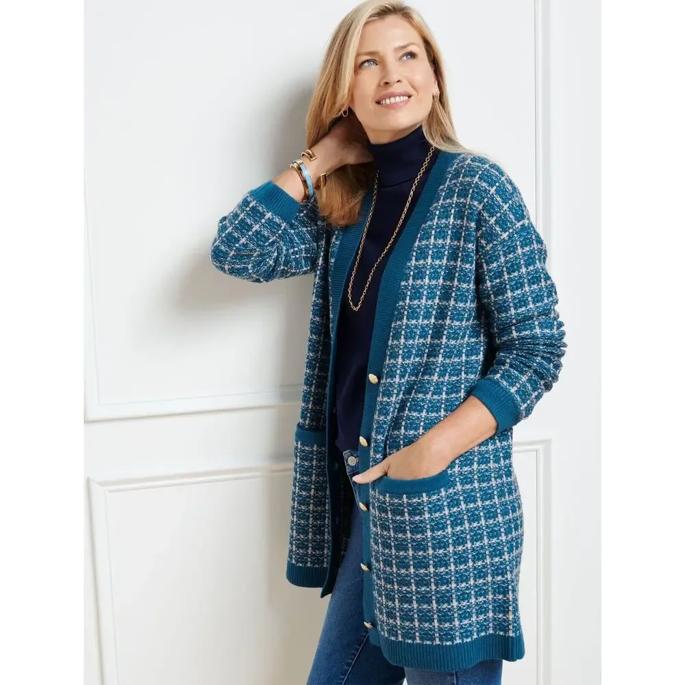 Talbots 100% Merino Wool Long Cardigan Blue Plaid Size M Gold Button Pockets